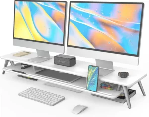 Fenge Dual Monitor Stand, Monitor Stands Riser for 2 monitors, 42.5 Inch Wood Desk Shelf with Storage Organizer and Cable Management for Office Desk Accessories